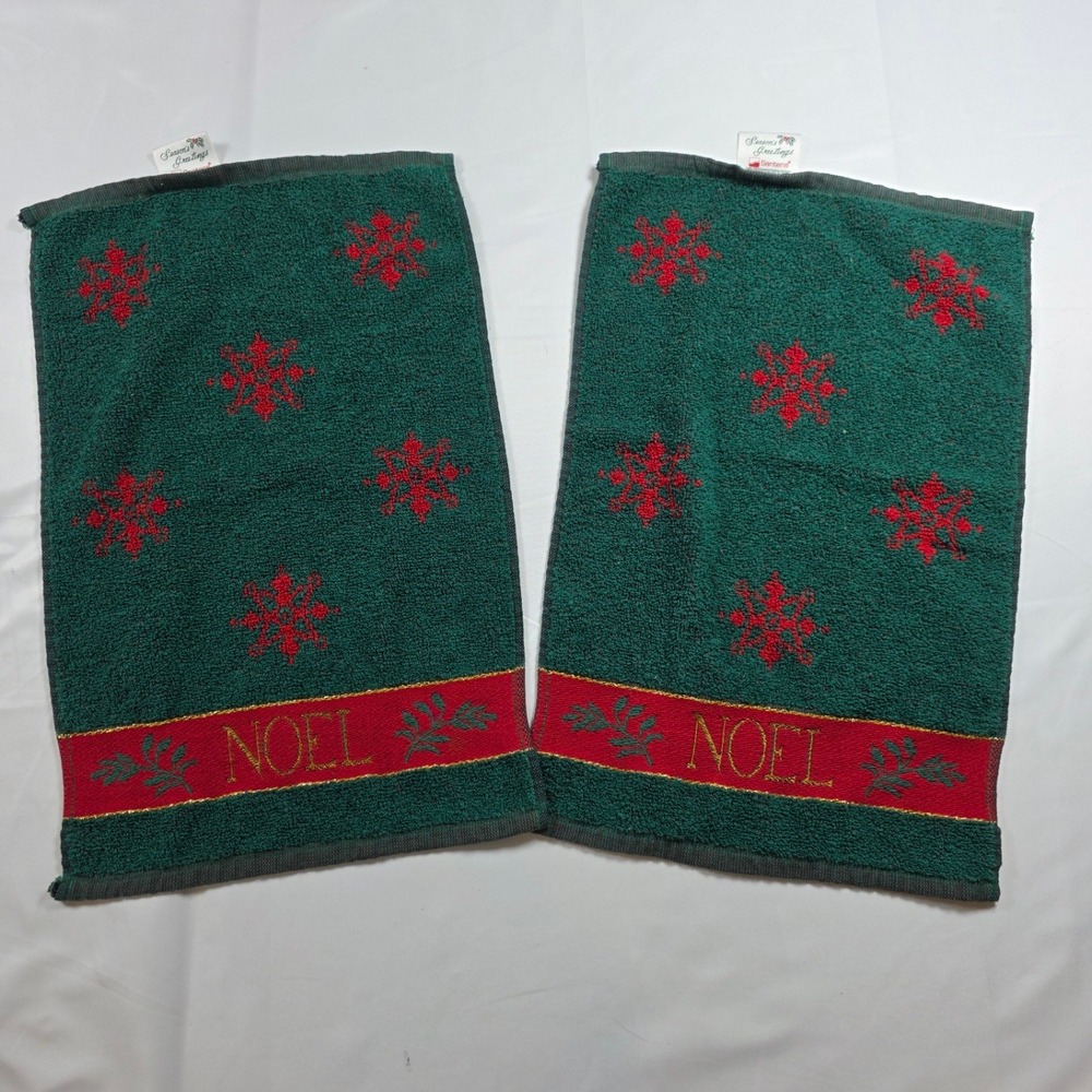 Vintage Santana Christmas Hand Towel Set 2 Green Red Snowflake Noel Gold Trim